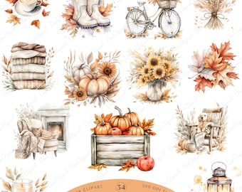 May include: Watercolor clipart set featuring cozy autumn themes. Includes images of pumpkins, sunflowers, fall leaves, a bicycle with pumpkins, a stack of blankets, a cup of coffee, and other seasonal elements. The text "Cozy Autumn" is also included.