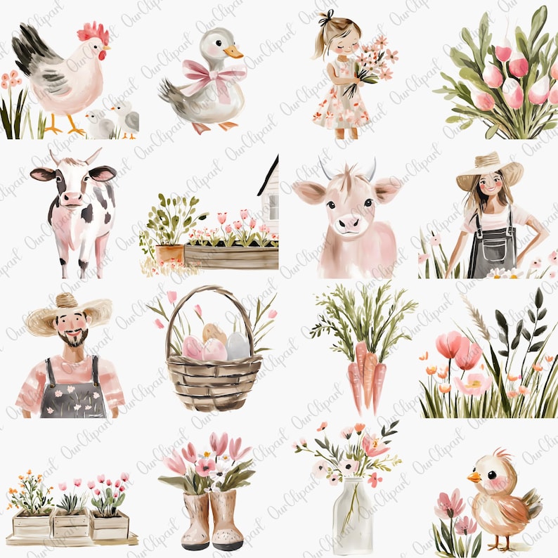 Farm Clipart Bundle – Cute Baby Farm Watercolor PNG - Cozy Cottagecore ...