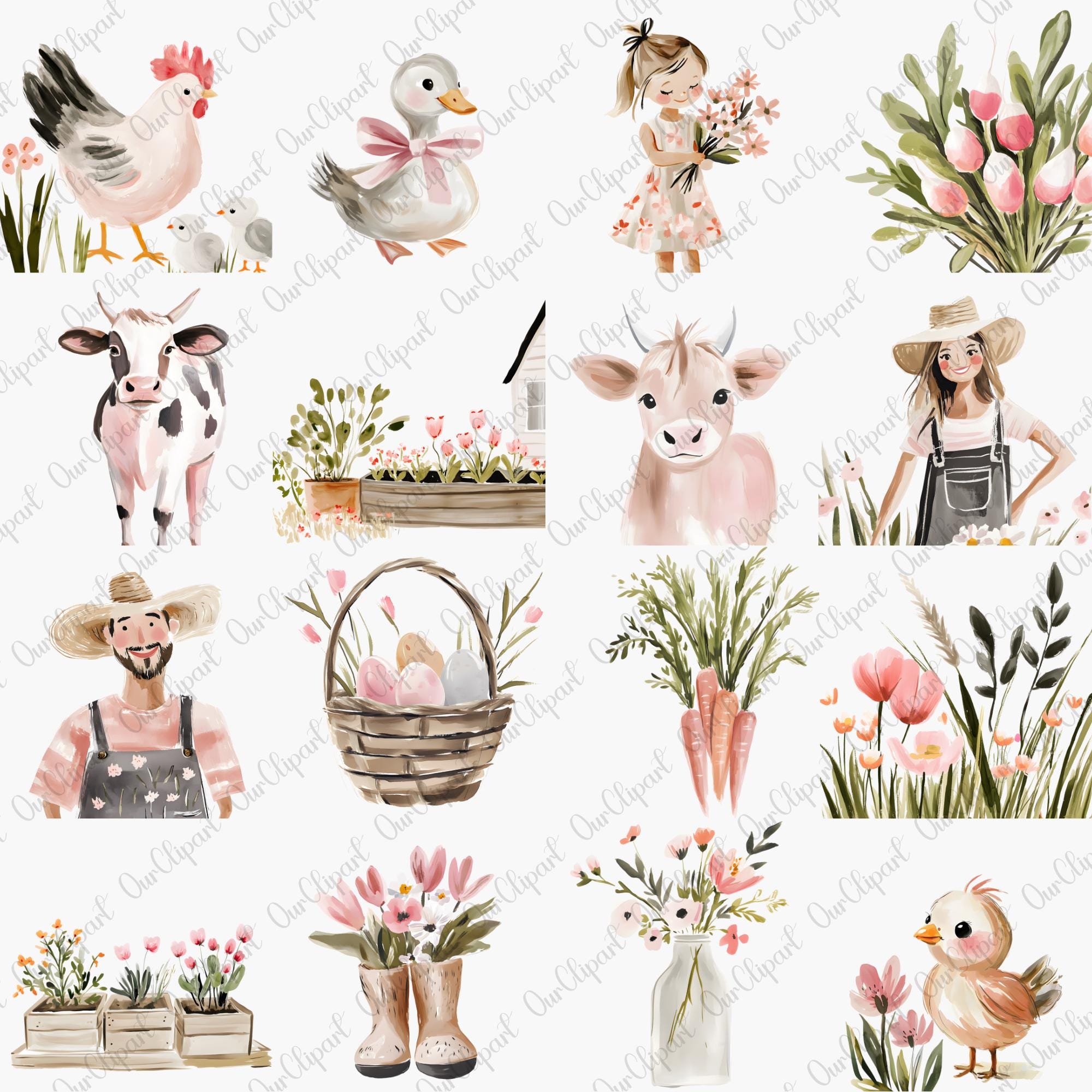 Farm Clipart Bundle – Cute Baby Farm Watercolor PNG - Cozy Cottagecore ...