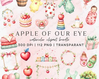 Apple of My Eye Baby Shower Clipart Bundle, Watercolor Clipart, Fall Baby Shower Invite PNG, Cute Nursery Clipart, Baby Girl Boy Sublimation