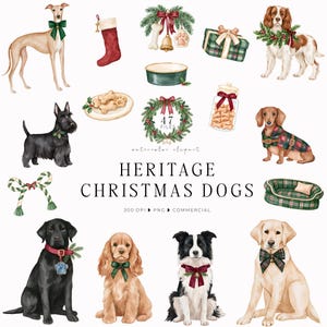 Pode incluir: Uma coleção de ilustrações em aquarela com várias raças de cães, meias de Natal, presentes, guirlandas, camas, tigelas e petiscos. O texto diz HERITAGE CHRISTMAS DOGS, 47 FILES, 300 DPI, PNG, COMMERCIAL e watercolor clipart.