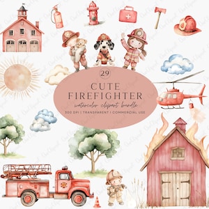 Puede incluir: Conjunto de ilustraciones de acuarela con temática de bomberos. Incluye una estación de bomberos, un camión de bomberos, un helicóptero y varios personajes de bomberos. El texto dice "CUTE FIREFIGHTER watercolor clipart bundle".