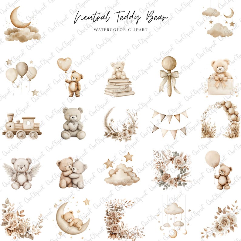 Neutral Teddy Bear Clipart Bundle, Boho Baby Bear PNG, Gender Neutral ...