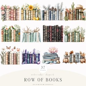 Könnte beinhalten: Aquarell-Clipart mit Buchreihen mit floralen und natürlichen Elementen. Das Bild enthält verschiedene Buchanordnungen mit Blumen, Kristallen und Kürbissen. Der Text "ROW OF BOOKS" wird unten angezeigt.