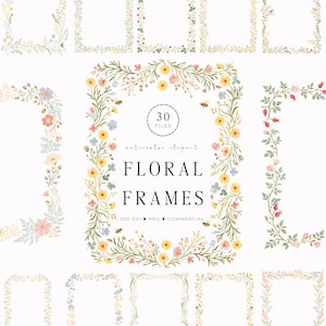 May include: A collection of rectangular digital frames decorated with watercolor illustrations of various wildflowers, leaves, and small bees. The central frame features text reading 30 FILES, watercolor clipart, FLORAL FRAMES, 300 DPI, PNG, COMMERCIAL.
