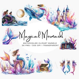 Mermaid Clipart Bundle PNG, Watercolor Mermaid Tail, Ocean Fantasy Art, Mermaid Fin PNG, Magical Under the Sea Sublimation, Digital Download
