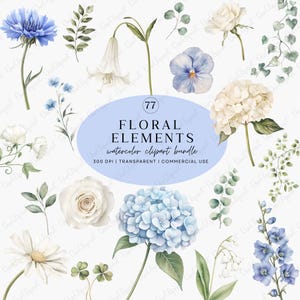 May include: A watercolour clipart bundle featuring 77 floral elements, such as blue cornflowers, white roses, and hydrangeas. The image includes various flowers and foliage, with the text "FLORAL ELEMENTS" and "watercolor clipart bundle".