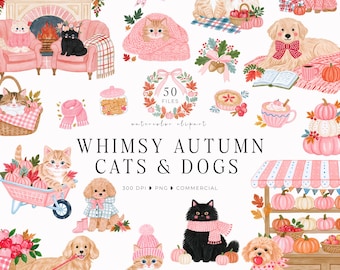 May include: A collection of watercolor illustrations featuring cats and dogs in autumn settings, including pumpkins, cozy blankets, fireplaces, and seasonal treats. The text reads WHIMSY AUTUMN CATS & DOGS, 50 FILES, 300 DPI, PNG, COMMERCIAL.