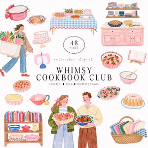 Könnte beinhalten: Eine digitale Sammlung von Aquarellillustrationen mit Küchenutensilien, Lebensmitteln, Büchern und Personen. Die Elemente umfassen einen rosa Topf, einen Tisch mit blau karierter Decke, eine rosa Kücheninsel, Bücherregale, einen Korb mit Büchern und Personen.