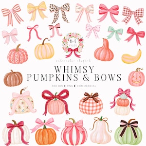 May include: A digital collection of watercolor illustrations featuring various pumpkins and decorative bows in shades of pink, orange, green, and white. The text reads 64 FILES, watercolor clipart, WHIMSY PUMPKINS & BOWS, 300 DPI, PNG, COMMERCIAL.