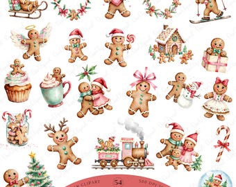Gingerbread Christmas Clipart, Cute Watercolor Cookie PNG Bundle, Pink Festive Gingerbread Man & Girl Set