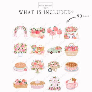 Whimsical Autumn Market watercolor clipart bundle featuring 90 PNG files with flower market stalls, farmers market stands, pumpkins, apples, pies, floral bouquets, trendy women, men and children, cozy storefronts, bakery, boutique, vintage truck, autumn trees, wreaths, floral frames, harvest baskets, and fall decorations on transparent backgrounds.
