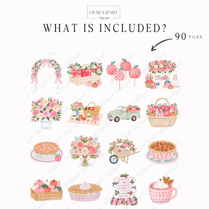 Whimsical Autumn Market watercolor clipart bundle featuring 90 PNG files with flower market stalls, farmers market stands, pumpkins, apples, pies, floral bouquets, trendy women, men and children, cozy storefronts, bakery, boutique, vintage truck, autumn trees, wreaths, floral frames, harvest baskets, and fall decorations on transparent backgrounds.