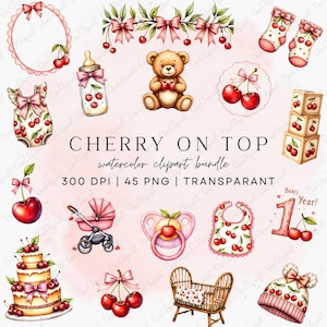 Peut inclure: Ensemble de cliparts aquarelle sur le thème des bébés, avec un motif de cerises. Comprend un ours en peluche, des vêtements de bébé, une poussette, une tétine, un gâteau et le texte "CHERRY ON TOP".