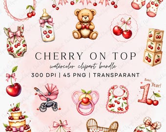 Clipart de acuarela de cerezas PNG, paquete de baby shower con cerezas, clipart de bebé adorable para invitaciones, primer cumpleaños PNG, lazo rosa coquette