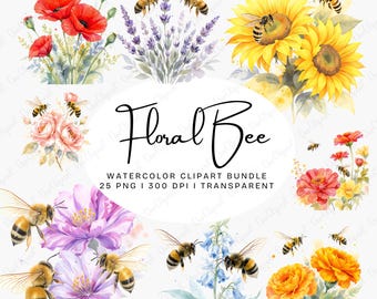 Bee Clipart Watercolor, Floral Bees PNG Clipart Set, Printable Watercolor Clip Art Bundle, Flowers and Bees Sublimation Designs