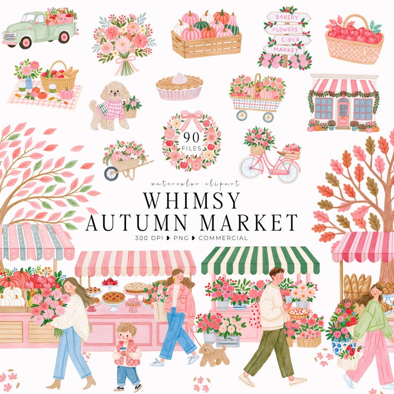Whimsical Autumn Market watercolor clipart bundle featuring 90 PNG files with flower market stalls, farmers market stands, pumpkins, apples, pies, floral bouquets, trendy women, men and children, cozy storefronts, bakery, boutique, vintage truck, autumn trees, wreaths, floral frames, harvest baskets, and fall decorations on transparent backgrounds.