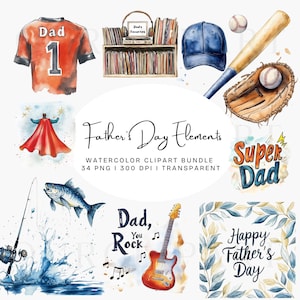 Pacchetto di clipart ad acquerello per la festa del papà, PNG per la festa del papà, PNG hobby del papà, clipart del papà, PNG papà, regalo per il papà, diario spazzatura, download digitale