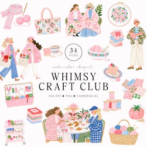 Può includere: Una collezione di illustrazioni ad acquerello a tema artigianale che include persone che lavorano a maglia, articoli da cucito, gomitoli di lana, tessuti, una borsa e un cesto. Il testo recita 34 FILES, watercolor clipart, WHIMSY CRAFT CLUB, 300 DPI, PNG, COMMERCIAL.