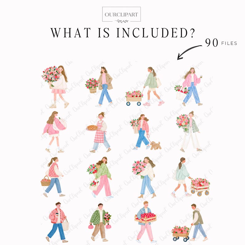 Whimsical Autumn Market watercolor clipart bundle featuring 90 PNG files with flower market stalls, farmers market stands, pumpkins, apples, pies, floral bouquets, trendy women, men and children, cozy storefronts, bakery, boutique, vintage truck, autumn trees, wreaths, floral frames, harvest baskets, and fall decorations on transparent backgrounds.