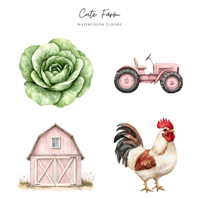 Farm Animal Clipart Bundle, Cute Tractor, Barn PNG, Watercolor Nursery ...