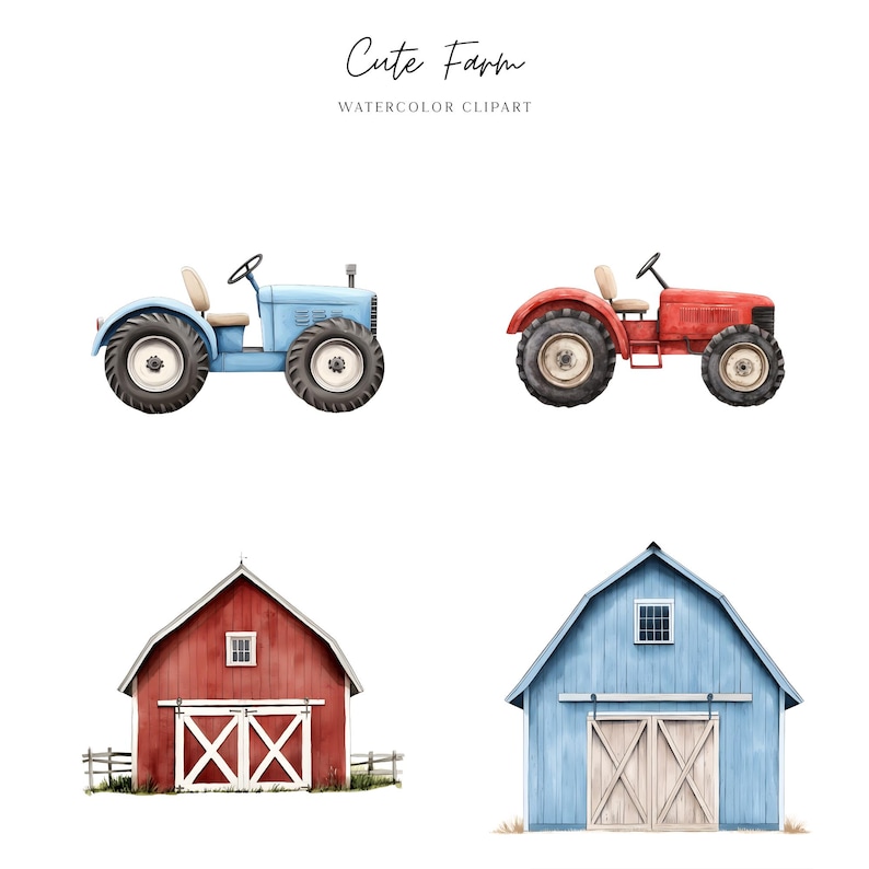 Farm Animal Clipart Bundle, Cute Tractor, Barn PNG, Watercolor Nursery ...