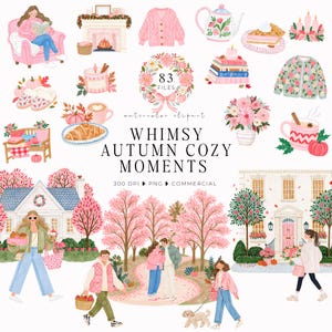 Pode incluir: Uma coleção digital de ilustrações em aquarela com elementos de temática de outono, incluindo pessoas, interiores, casas, árvores, roupas e alimentos. O texto diz WHIMSY AUTUMN COZY MOMENTS, 83 FILES, 300 DPI, PNG, COMMERCIAL.