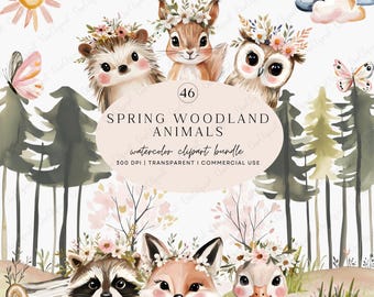 Spring Woodland Animals Clipart Bundle – Enchanted Cottagecore Forest Animals & Flowers PNG