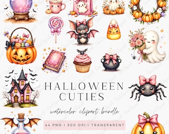 Cute Halloween Watercolor Clipart Bundle, Pink Ghost PNG, Black Cat with Bow, Pumpkin Coquette PNG, Spooky Coquette Fall Sublimation Designs