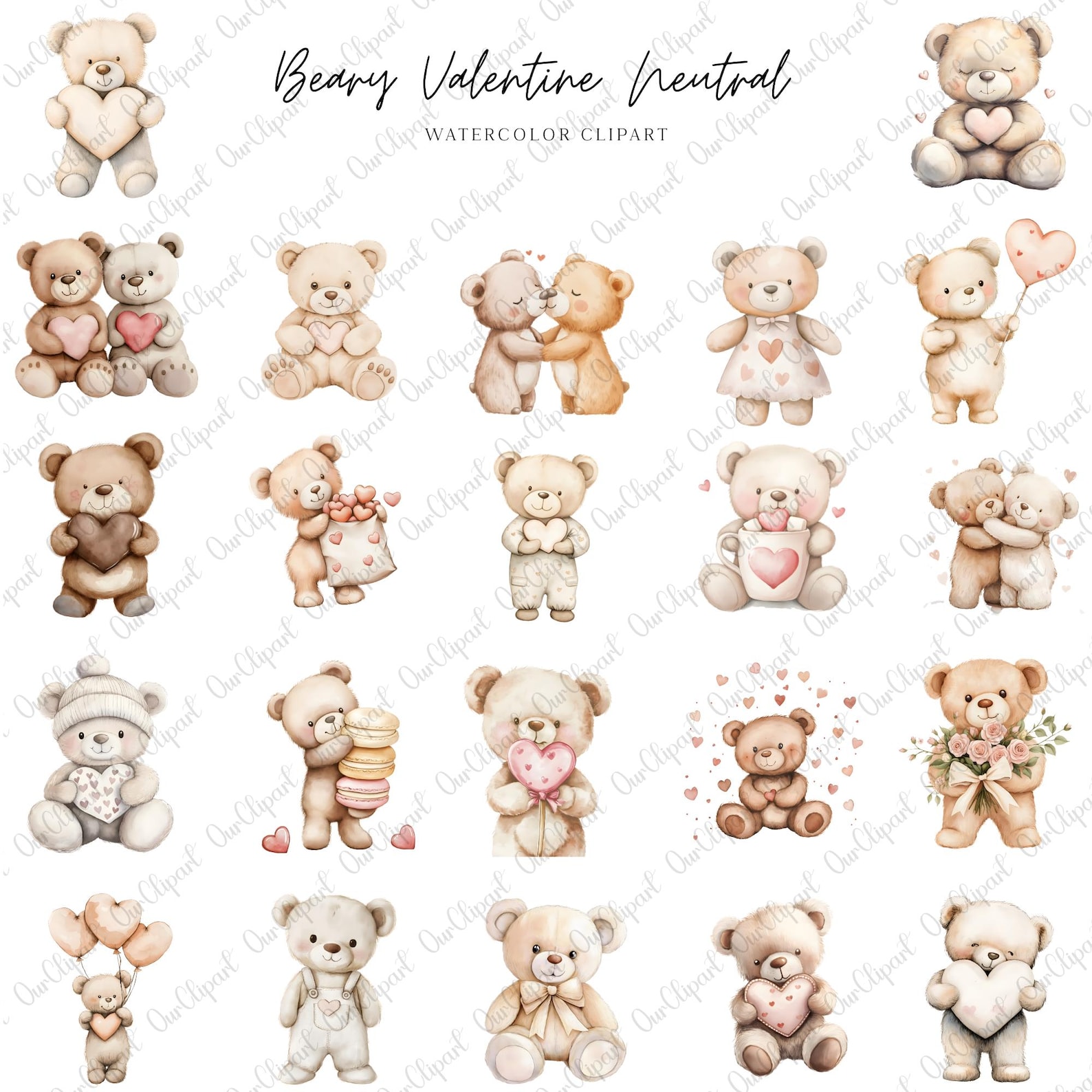Valentine Teddy Bear Clipart Bundle – Heart Balloons & Watercolor Bears ...