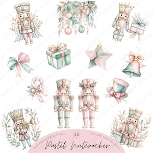 May include: A collection of watercolour clipart featuring pastel nutcrackers, bows, and Christmas ornaments. The illustrations include a star, bell, and top hat in soft pink and blue tones. The text "Pastel Nutcracker" is also included.