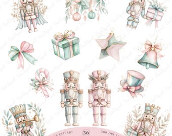 Pastel Nutcracker Clipart Bundle, Cute Pink Christmas PNG Set, Preppy Watercolor Nutcracker & Bow Clipart
