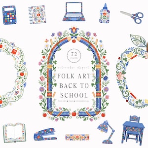 Puede incluir: Una colección digital de imágenes prediseñadas en acuarela de arte popular para el regreso a clases, con un arco central de lápices, flores y manzanas, rodeado de útiles escolares como calculadora, cuaderno, portátil, pegamento, tijeras y escritorio.