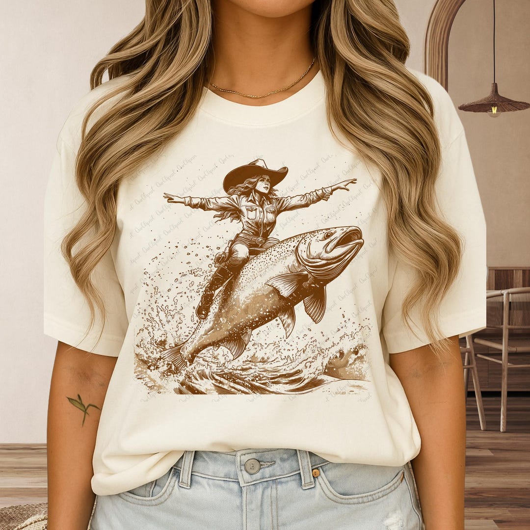 Cowboy Riding a Fish Shirt, Cowgirl Tattoo Vintage Shirt, Funny Western ...