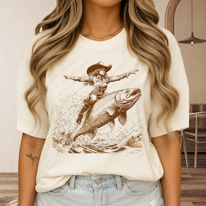 Shirt cowboy rijdt op een vis, vintage shirt cowgirl tattoo, grappige westerncowboy-t-shirt, oversized grafisch T-shirt jaren 90, retro rodeo meme