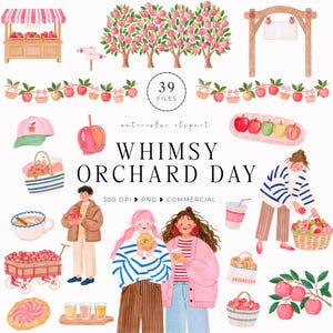 Puede incluir: Una colección digital de ilustraciones en acuarela con temas de huertos de manzanas, que incluye manzanos, un puesto de mercado, cestas de manzanas, un arco de madera, un carro, pasteles, bebidas y personajes con el texto WHIMSY ORCHARD DAY.