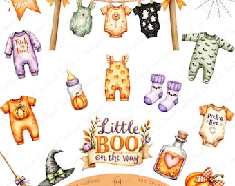 Little Boo Baby Shower Clipart, Halloween Baby Clothesline PNG, Fall Nursery Watercolor Clipart Set