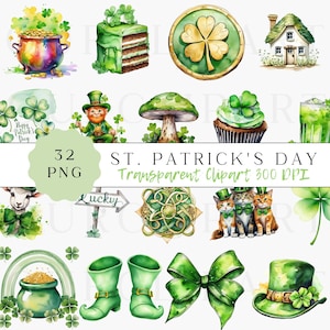 St. Patrick's Day, aquarel clipart, bundel, png, kabouter, klaver, klavertje 4, Ierse feestdag, regenboog pot met goud, klavertje vier