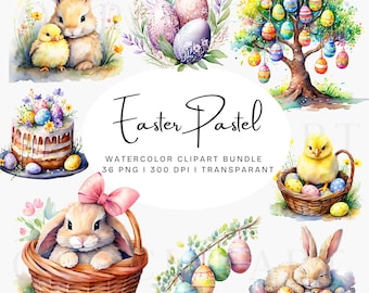 Easter Bunny Clipart Set PNG,  Watercolor Clipart Bundle, Cute Easter Bunny & Eggs PNG, Spring Floral Easter Graphics (Digital Download)