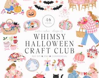 May include: A digital collection of 46 watercolor clipart files titled Whimsy Halloween Craft Club. The set features illustrations of people crafting, pumpkins, black cats, ghosts, bats, yarn, baskets, and festive decorations in pink and orange.