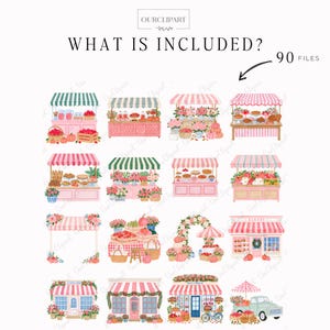 Whimsical Autumn Market watercolor clipart bundle featuring 90 PNG files with flower market stalls, farmers market stands, pumpkins, apples, pies, floral bouquets, trendy women, men and children, cozy storefronts, bakery, boutique, vintage truck, autumn trees, wreaths, floral frames, harvest baskets, and fall decorations on transparent backgrounds.
