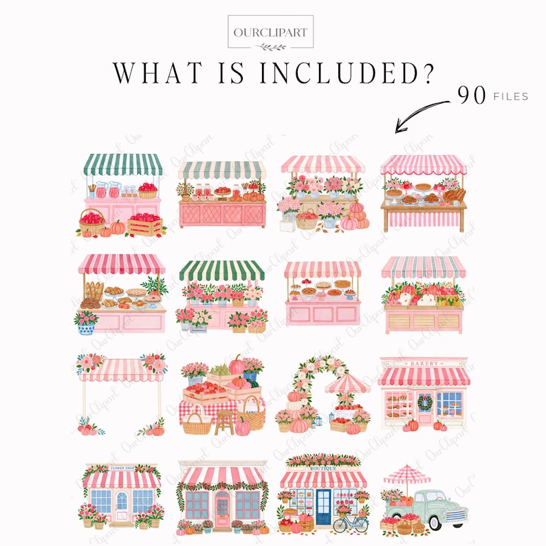 Whimsical Autumn Market watercolor clipart bundle featuring 90 PNG files with flower market stalls, farmers market stands, pumpkins, apples, pies, floral bouquets, trendy women, men and children, cozy storefronts, bakery, boutique, vintage truck, autumn trees, wreaths, floral frames, harvest baskets, and fall decorations on transparent backgrounds.