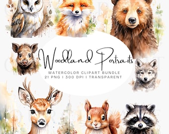 Bosdieren aquarel clipart, bos babydieren png bundel, schattige bosdieren clip art set