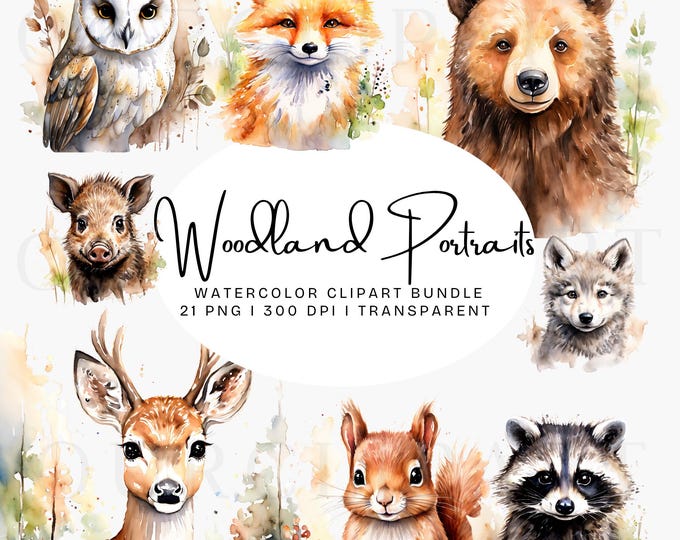 Watercolor Spring Forest Clipart, Cute Woodland PNG, Baby Animal ...
