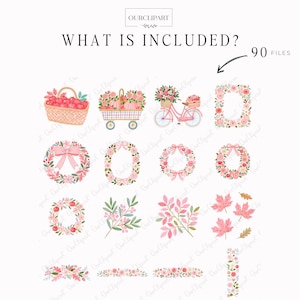 Whimsical Autumn Market watercolor clipart bundle featuring 90 PNG files with flower market stalls, farmers market stands, pumpkins, apples, pies, floral bouquets, trendy women, men and children, cozy storefronts, bakery, boutique, vintage truck, autumn trees, wreaths, floral frames, harvest baskets, and fall decorations on transparent backgrounds.