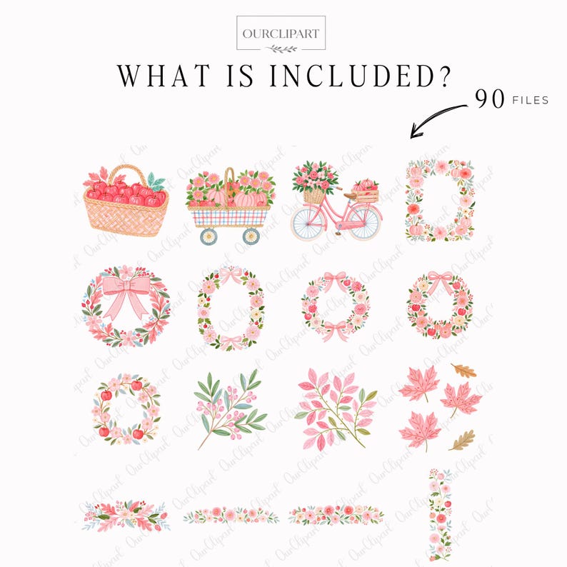 Whimsical Autumn Market watercolor clipart bundle featuring 90 PNG files with flower market stalls, farmers market stands, pumpkins, apples, pies, floral bouquets, trendy women, men and children, cozy storefronts, bakery, boutique, vintage truck, autumn trees, wreaths, floral frames, harvest baskets, and fall decorations on transparent backgrounds.