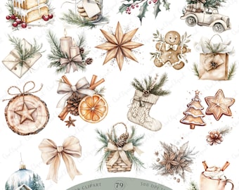 Rustic Christmas Watercolor Clipart, Neutral Boho Christmas PNG Bundle, Cozy Winter Hygge Decor, Digital Download