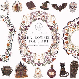 Op de afbeelding: Een digitale collectie Halloween volkskunst clipart met skeletten, bloemenframes, een spookhuis, een zwarte kat, een toverdrankfles, een doodskist en een heksenhoed. Het centrale ovale frame bevat de tekst 74 FILES, watercolor clipart, HALLOWEEN FOLK ART, 300 DPI, PNG, COMMERCIAL.