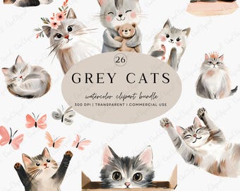 Gray Cat Clipart Bundle, Cute Kitten PNG, Watercolor Cat Graphics, Cartoon Cat Illustration