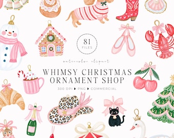 May include: A collection of watercolour illustrations featuring Christmas ornaments including a dachshund in a jumper, a cowboy boot, a snowman, a gingerbread house, a lobster, ballet slippers, a leopard print hat, and a swan with text reading 81 FILES WHIMSY CHRISTMAS ORNAMENT SHOP 300 DPI PNG COMMERCIAL.